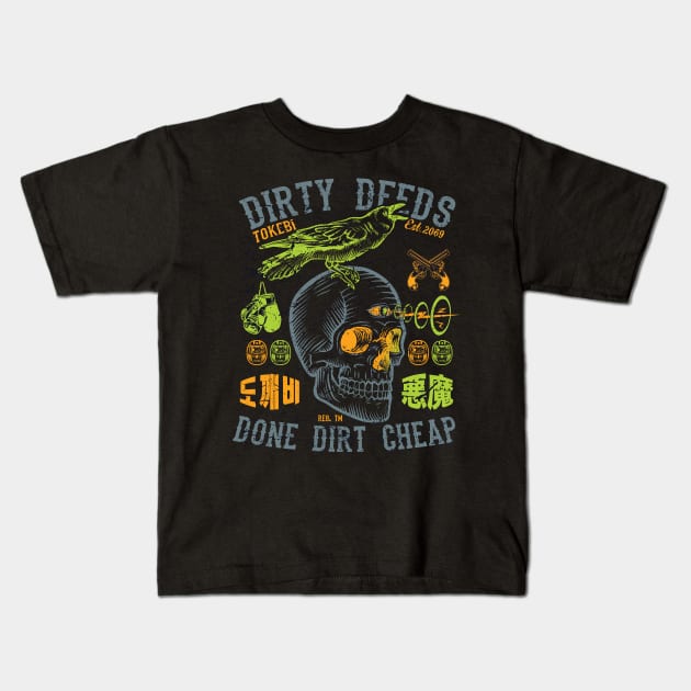 Dirty Deeds Skull Kids T-Shirt by TOKEBI